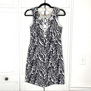 Nanette Lenore Navy White Pattern Key Hole Dress